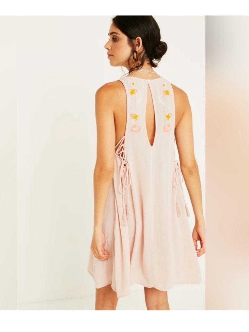 Free People open back Embroidered Lace-Up Pink Mini Dress